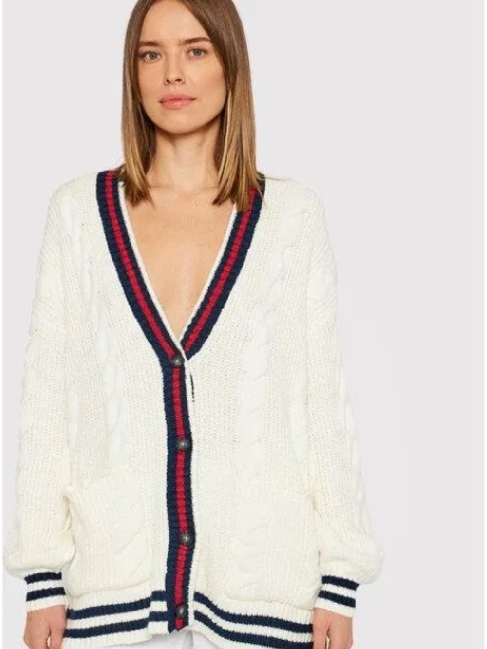 American Eagle White Cable Knit V-Neck Cardigan with Navy & Red Trim